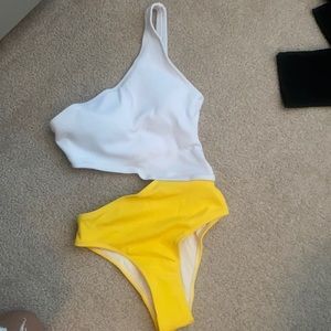 One shoulder, cut out swimsuit in yellow and white